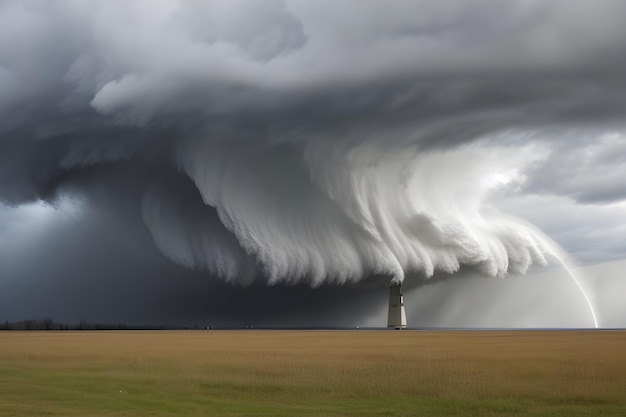 Photo a storm cloud is over a field and a power plant