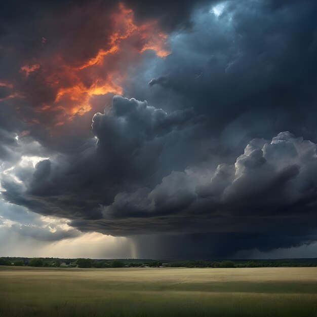 a storm cloud is over a field and the sun is setting