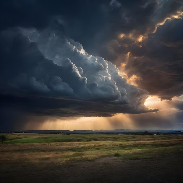 a storm cloud is over a field and the sun is setting