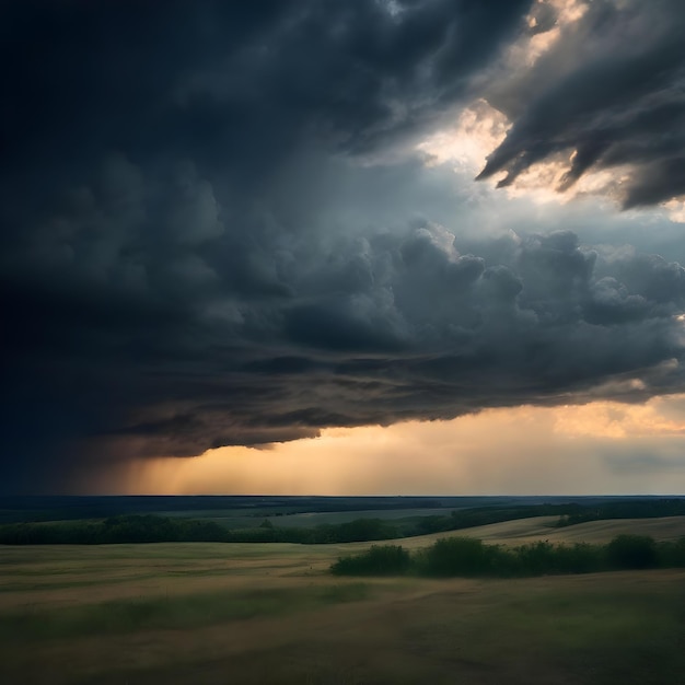 a storm cloud is over a field and the sun is setting