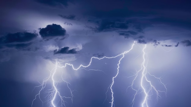 Storm clouds and lightning bolts in a nighttime thunderstorm