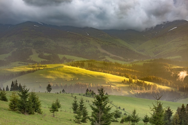 Storm clouds over the mountains and green meadows during sunset