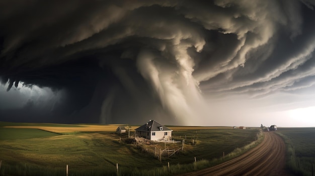 A storm over a farm with a house in the background