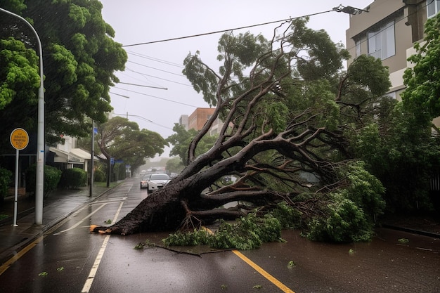 A storm fells trees fallen on the road Ai generated