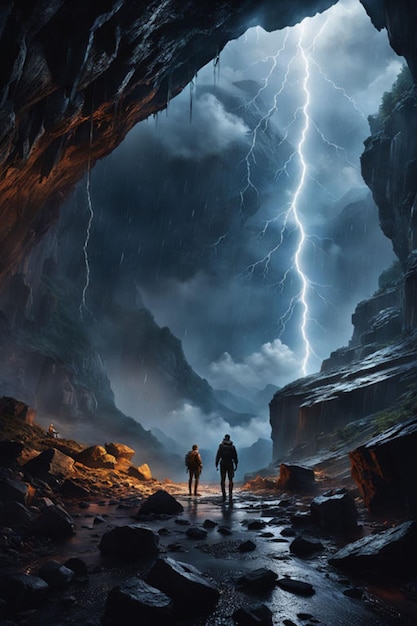 a storm is coming in a cave with two people standing in the foreground