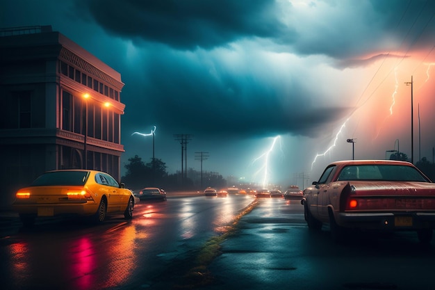 A storm is coming in over a city with a car and a car on the road.