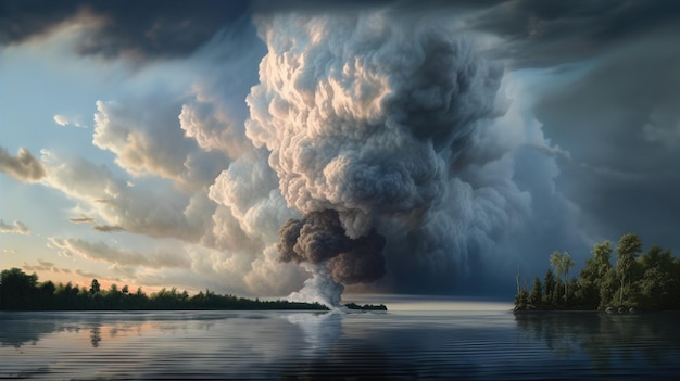 A storm over a lake with a boat in the foreground