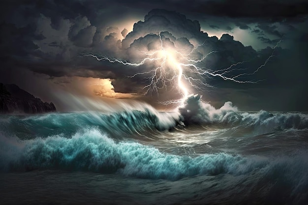 Storm and lightning over water waves on sea dramatic thunderstorm generative ai