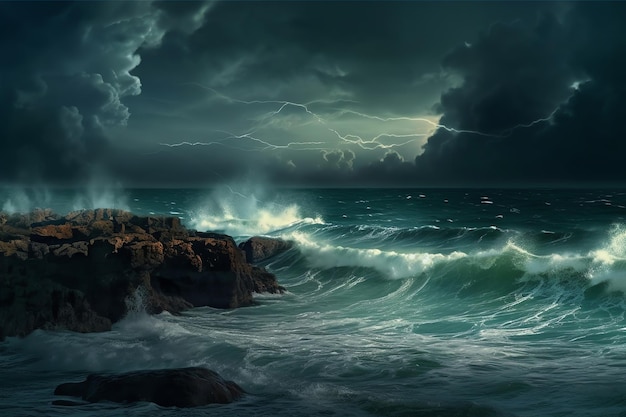 A storm on the ocean with a dark sky and a storm on the horizon