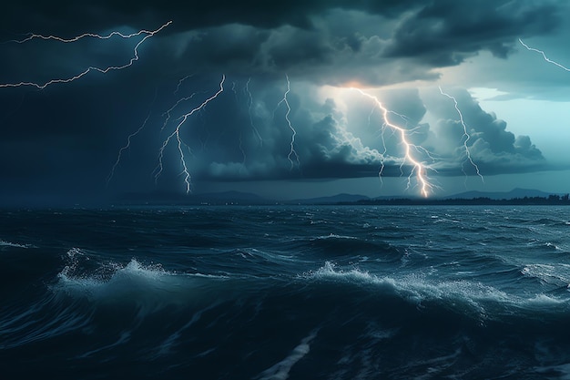 A storm over the ocean with lightning bolts on the water