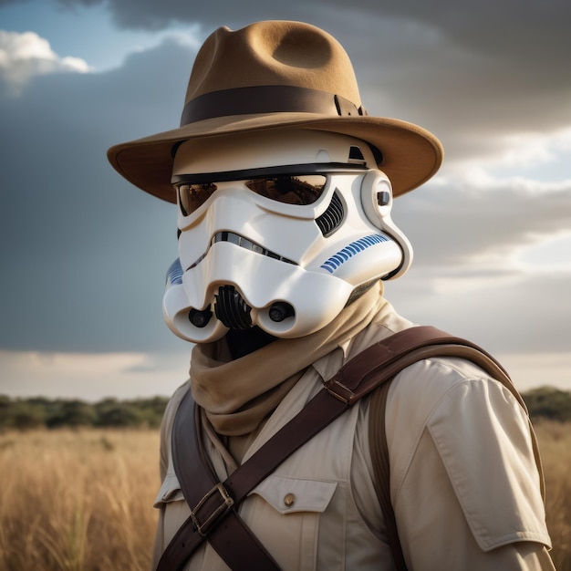 Storm trooper in field cloudy sky Tan hat brown leather jacket holster rifle Cosplay cinemati