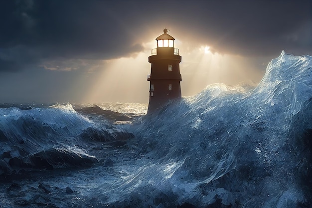 Storm waves of sea water hit the stone pier and lighthouse