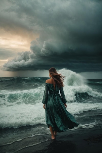 Storm wind strong waves thick black clouds in the sea ocean Landscape element natural disaster nature concepts A woman wearing a dress stands by the sea and looks into the distance