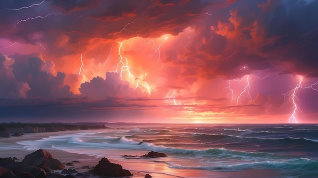 Photo storm with lightning at sea