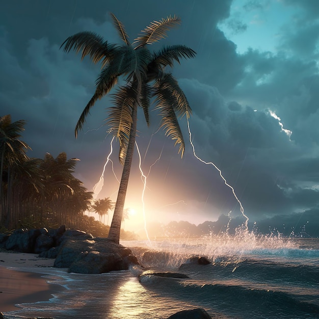 A storm with a palm tree on the beach and a lightning bolt in the sky.