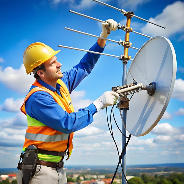 Photo stormdamaged antenna being repaired by a technician