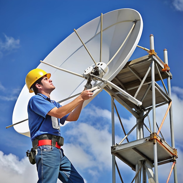 Stormdamaged antenna being repaired by a technician