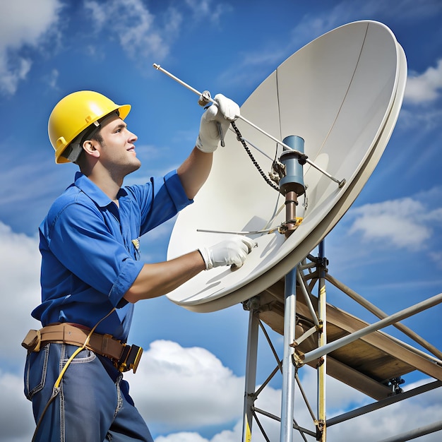 Stormdamaged antenna being repaired by a technician