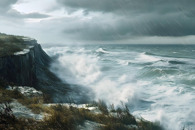 Photo stormy coastline with crashing waves and dark cloudy skies