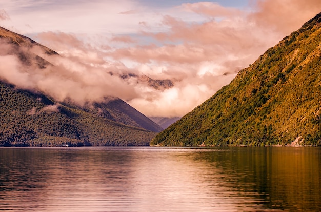 Stormy day over the lake in moody cloudy weather in Nelson New Zealand