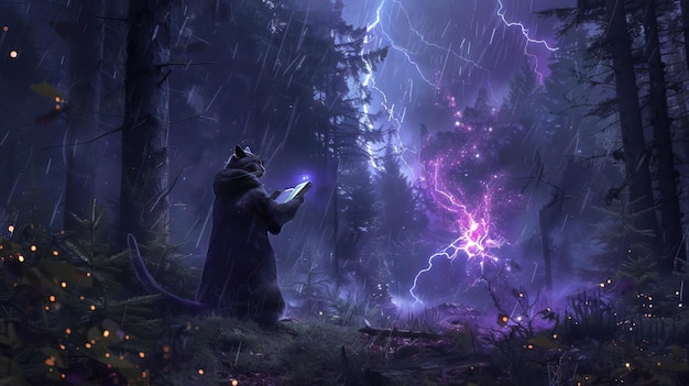 In a stormy forest a cat sorcerer raises a paw a grimoire open before him casting spells with lightning crackling in the background