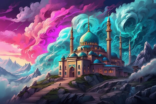 Stormy Mosque on a neon color house covered mountain top of swirling teal tornadoes