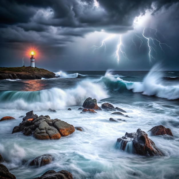 Photo stormy night view of a stormy sea at night in a surreal landscape