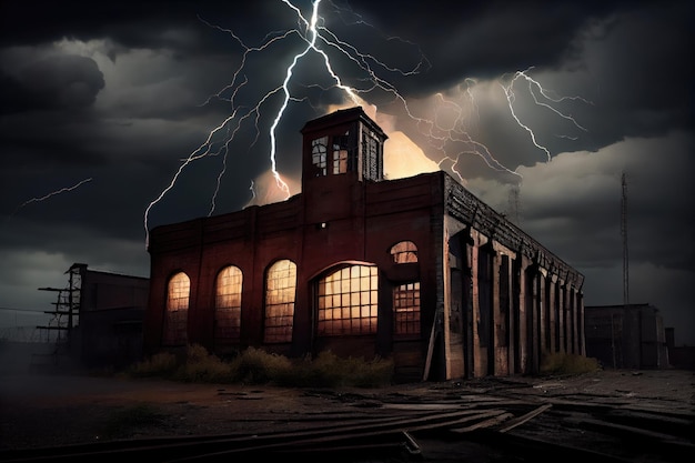 A stormy night with lightning illuminating an industrial ruin