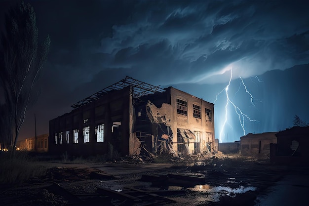 Stormy night with lightning illuminating the sky and striking a destroyed industrial building