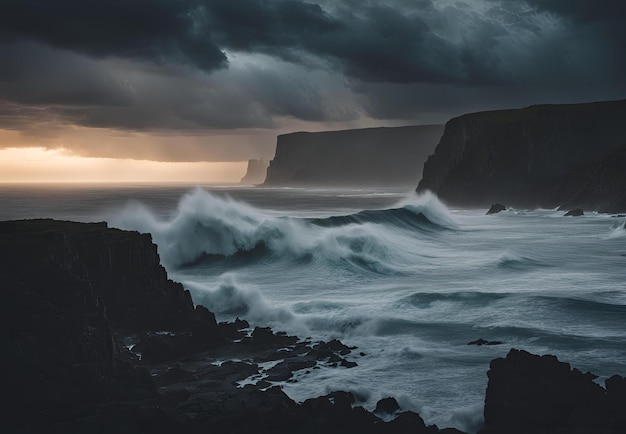 Stormy Ocean at Dusk with Lightning Illuminating Towering Cliffs