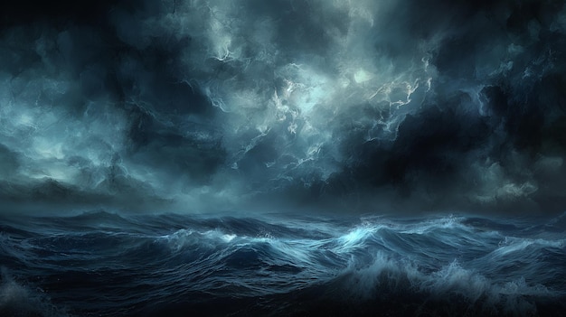 A stormy ocean with dark clouds and crashing waves