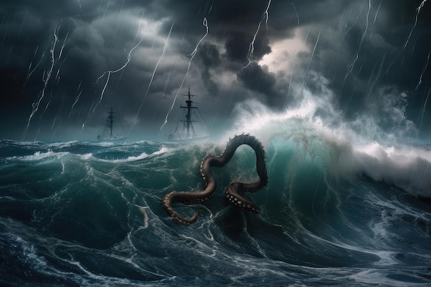 Stormy ocean with kraken emerging from the depths lightning striking in the background