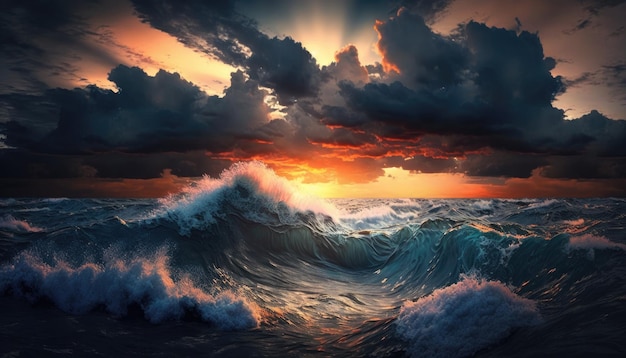 A stormy ocean with a sunset in the background