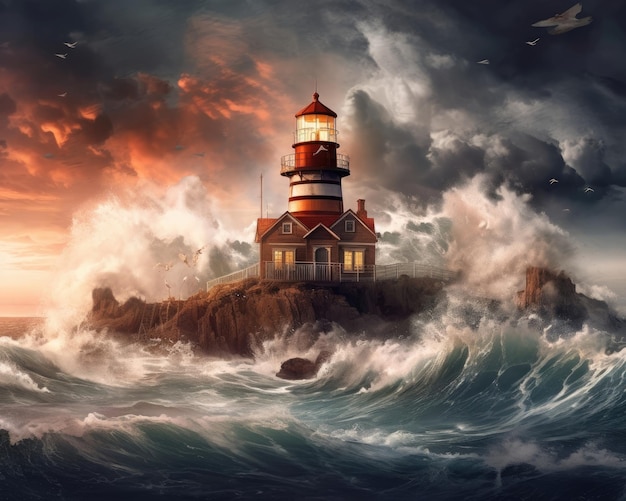 A stormy scene with a lighthouse in a digital panorama Illustration Generative AI