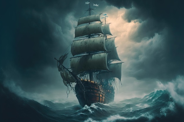 On a stormy sea a pirate ship