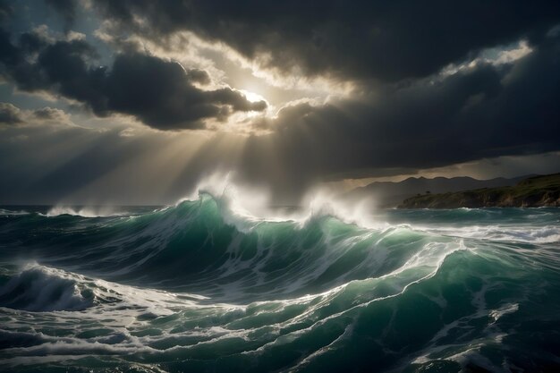 A stormy sea with huge waves