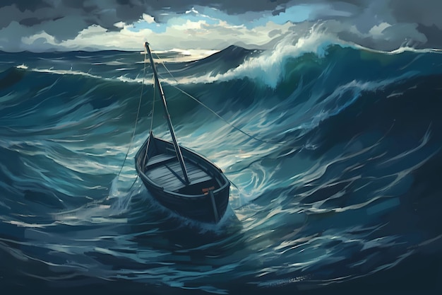 A stormy sea with a lone boat struggling to stay a float Generative AI