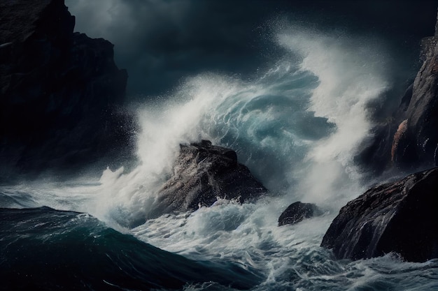 Stormy sea with waves crashing against rocks in aftermath hurricane