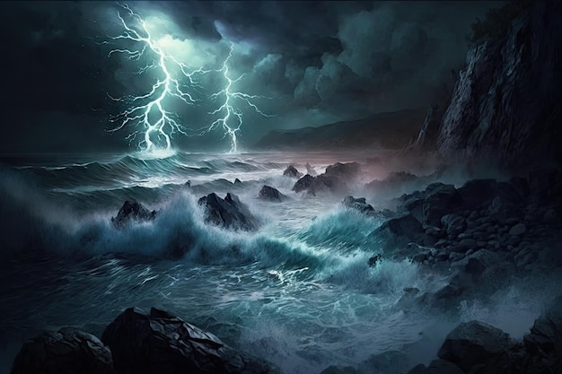 Stormy sea with waves crashing against the shore and lightning in the distance