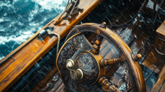 Photo stormy seas a closeup of a carved pirate ship helm