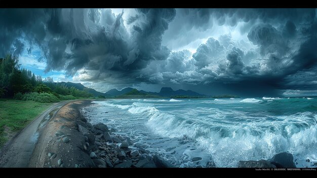 Photo stormy seascape dramatic clouds over the coastline