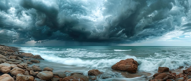 Photo stormy sky over a rocky beach with dark clouds and rough waves creating a powerful and dramatic seascape photography shot with a telephoto lens