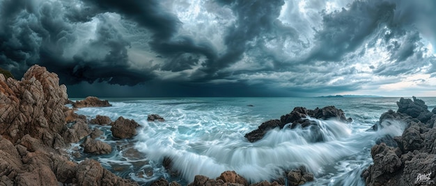 Photo stormy sky over a rocky beach with dark clouds and rough waves creating a powerful and dramatic seascape photography shot with a telephoto lens