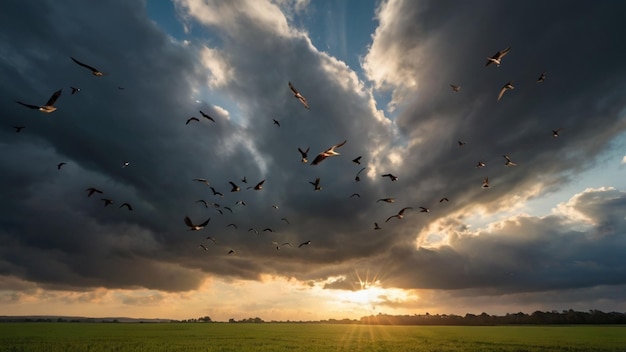 Stormy sky sunlight and birds flying away