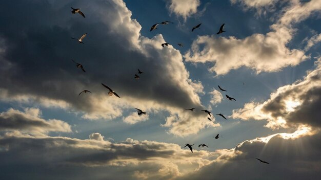 Photo stormy sky sunlight and birds flying away