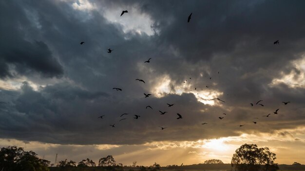 Photo stormy sky sunlight and birds flying away