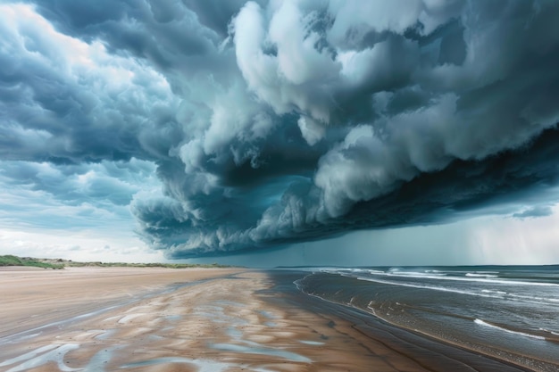 Stormy sky with dark clouds and beach in background