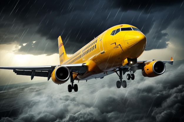 Stormy Weather Passenger yellow Plane Soaring Through Rainy Skies Amidst Thunderous Clouds