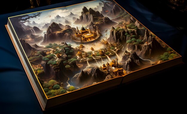 Photo story book of mystical landscape with ancient temples and mountain 3d rendering