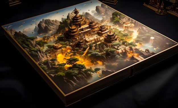 Story book of Mystical landscape with ancient temples and mountain 3D rendering